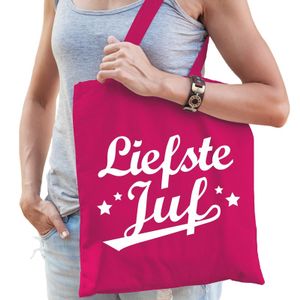 Katoenen cadeau tasje liefste juf fuchsia roze