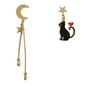 Goudkleurige Oorbellen met Maan en Kat Hanger - Sieraden - Spiritueelboek.nl