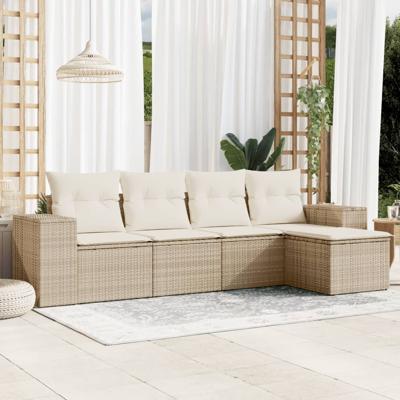 5-delige Loungeset met kussens poly rattan beige