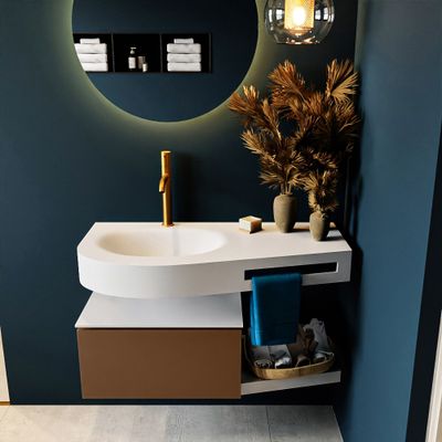 MONDIAZ RIVA 100cm badmeubel onderkast / planchet kleur Rust met 1 lade. Wastafel DULCET links 1 kraangat kleur Talc.