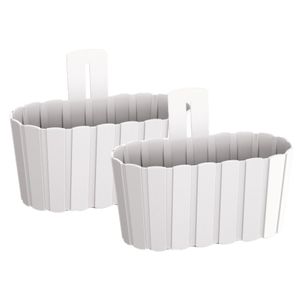 Set van 2x stuks wood-look muur plantenpot/bloempot kunststof dia 27 cm/hoogte 15 cm parel wit