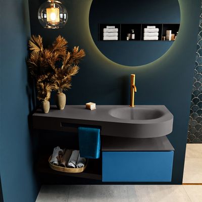 MONDIAZ RIVA 120cm badmeubel onderkast / planchet kleur Jeans met 1 lade. Wastafel DULCET rechts 1 kraangat kleur Dark_Grey. MONDIAZ RIVA 120cm badmeubel onderkast / planchet kleur Jeans met 1 lade. Wastafel DULCET rechts 1 kraangat kleur Dark_Grey.