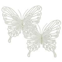 Decoris vlinders op clip - 2x stuks -wit - 13 cm - glitter   -