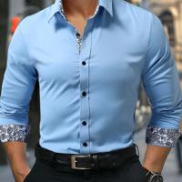 Bon&Bon Men's Floral Patchwork Long Sleeve Shirt | White Casual Work Baby Blue / S