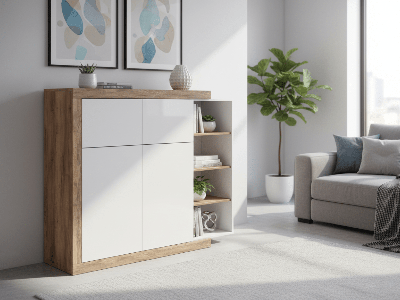 Commode SINO 2 deuren 2 lades eik/hoogglans wit Commode SINO 2 deuren 2 lades eik/hoogglans wit