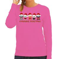 Foute Kersttrui/sweater voor dames - miauwie kerstfeest - roze - Kerst poesjes - thumbnail