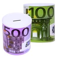 Spaarpot geld thema - 2x stuks - 100 en 500 euro print - 20 cm - spaardoelen