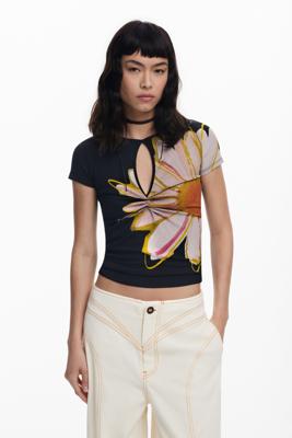 T-shirt met korte mouwen, bloem en opening - BLACK - XL