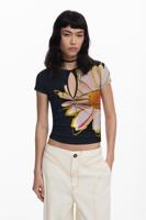 T-shirt met korte mouwen, bloem en opening - BLACK - S