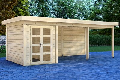 Prime Line blokhut 200x300 cm + overkapping 500 cm + achterwand- Plat dak- Onbehandeld vurenhout- Van Kooten - Van Kooten