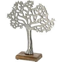 Decoratie levensboom van aluminium op houten voet 25 cm zilver - Beeldjes - thumbnail