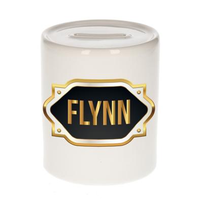 Spaarpot met voornaam Flynn - wit - goud/zwart embleem - 8 x 9 cm - keramiek - afsluitdop Spaarpot met voornaam Flynn - wit - goud/zwart embleem - 8 x 9 cm - keramiek - afsluitdop