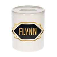 Spaarpot met voornaam Flynn - wit - goud/zwart embleem - 8 x 9 cm - keramiek - afsluitdop
