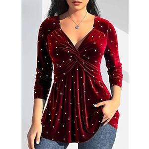 Dames Overhemd Blouse Fluweel Sprankelend Rood blauw Paars Soepelvallende tuniek Strass Lange mouw Feest Casual Modieus V-hals Normale pasvorm Herfst winter