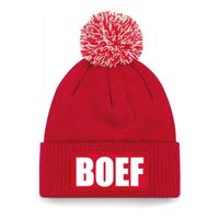 Boef muts/beanie met pompon - onesize - unisex - rood