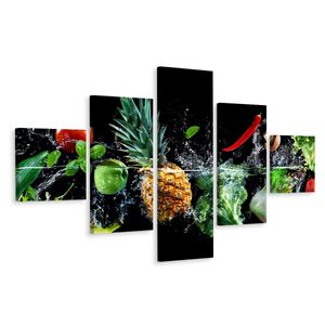 Schilderij - Groente en fruit in water, 5luik, Premium print