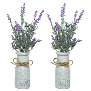2x stuks lichtpaarse Lavendula/lavendel kunstplant 32 cm in witte pot - Kunstplanten