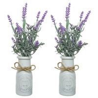 2x stuks lichtpaarse Lavendula/lavendel kunstplant 32 cm in witte pot - Kunstplanten - thumbnail