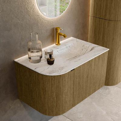 Badmeubel Mondiaz Kurve-Dlux | 75 cm cm | Meubelkleur Dusk | Wastafelkleur Glace | Solid surface | Wasbak rechter zijde spoelbak | 1 kraangat