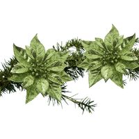 2x stuks kerstboom decoratie bloemen groen glitter op clip 18 cm - thumbnail