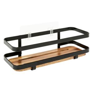 Badkamer douche rekje organizer - zwart metaal/acacia hout - zuignappen - 25 x 10 x 8 cm