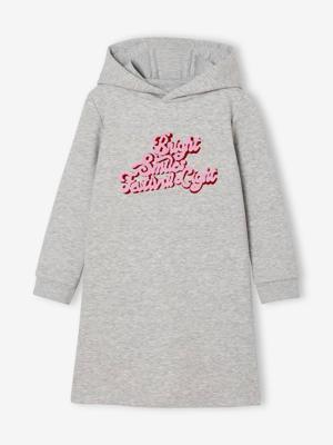 Meisjesjurk van sweatstof met capuchon en mooie details gemêleerd grijs