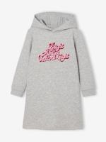 Meisjesjurk van sweatstof met capuchon en mooie details gemêleerd grijs