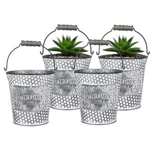 Plantenpot/bloempot emmer voor buiten - 4x - zink - zilver - D12.5 x H13 cm