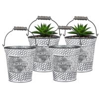 Plantenpot/bloempot emmer voor buiten - 4x - zink - zilver - D12.5 x H13 cm - thumbnail