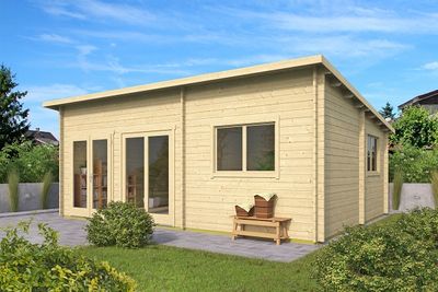 Tuindeco Moderna Blokhut 702x532 cm 44mm vuren blank- Lessenaarsdak- Onbehandeld vurenhout- Tuindeco