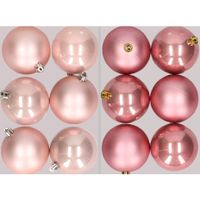 12x stuks kunststof kerstballen mix van lichtroze en oudroze 8 cm   -
