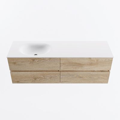 MONDIAZ VICA 150cm badmeubel onderkast Washed Oak 4 lades. Wastafel MOON links zonder kraangat, kleur Talc.