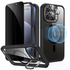 iPhone 15 Pro Max Armor Tough Case with Stash Stand Privacy Bundle Clear Black