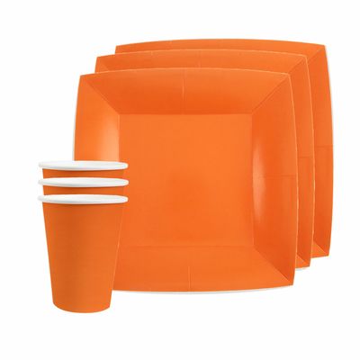 Feest/verjaardag servies set 10x gebaksbordjes en bekertjes - oranje - karton