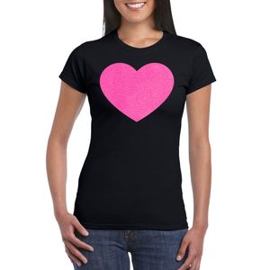 Bellatio Decorations Verkleed T-shirt voor dames - hart - zwart - roze glitter - carnaval/themafeest 2XL  -