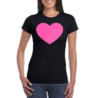 Bellatio Decorations Verkleed T-shirt voor dames - hart - zwart - roze glitter - carnaval/themafeest 2XL  - - thumbnail