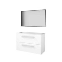 Basic-Line Framed 39 Badkamermeubelset - Ondiep - 100 x 39 cm - Met Grepen - 2 Lades - Acryl Wastafel - Zonder Kraangat - Spiegel met Zwart Aluminium Frame - Ice White