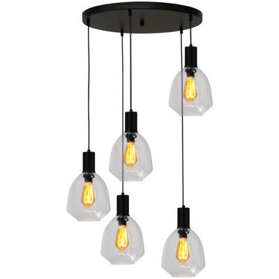 Masterlight 5-lichts vide hanglamp - zwart -Porto met Nicolette clear glazen - 2712-05-05-50-5-12