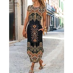 Dames Casual jurk Bloemig Splitsen Afdrukken Strakke ronde hals Maxi-jurk Vintage Vakantie Korte mouw Zomer Lightinthebox