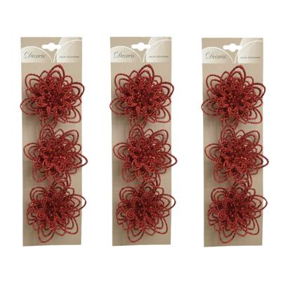 Kerstboomversiering Bloemen - 18x stuks - 11 cm - rood glitter - op clip - ornament