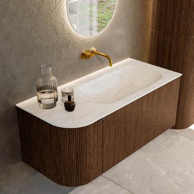 Badmeubel Mondiaz Kurve-Dlux | 105 cm | Meubelkleur Walnut | Wastafelkleur Ostra | Solid surface | Rechts spoelbak | Zonder kraangat(en)
