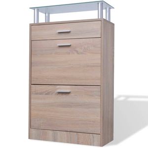 The Living Store Schoenenkast Eiken - Houten kast met lade en glazen schap - 63 x 24 x 104 cm