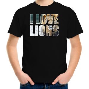 Tekst t-shirt I love lions met dieren foto van een leeuw zwart voor kinderen XL (158-164)  -