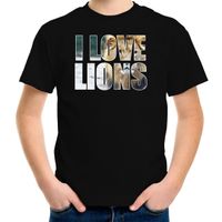 Tekst t-shirt I love lions met dieren foto van een leeuw zwart voor kinderen XL (158-164)  - - thumbnail