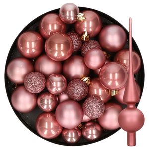 Kerstversiering kunststof kerstballen met piek oud roze 6-8-10 cm pakket van 42x stuks