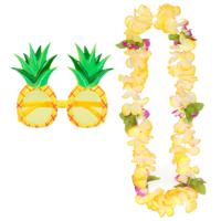 Tropische Hawaii party verkleed accessoires set - Ananas zonnebril - en bloemenkrans geel - thumbnail