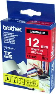 Huismerk Brother TZe-435 Labeltape 12mm Wit op Rood