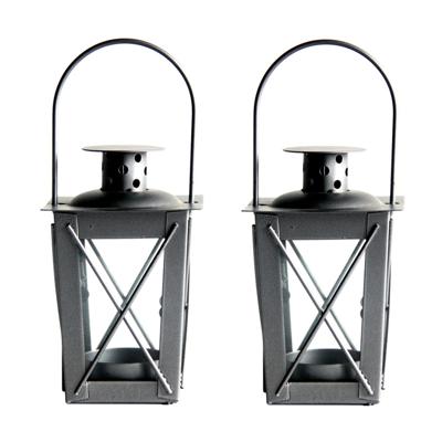 Tuin lantaarn/windlicht - Set van 2x stuks - ijzer - zilver - 7,5 x 7,5 x 11 cm - Tuinverlichting - Tuin lantaarn/windlicht - Set van 2x stuks - ijzer - zilver - 7,5 x 7,5 x 11 cm - Tuinverlichting -