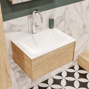 Mondiaz Lush Cloud badmeubel eiken licht 60 cm 1 lade solid surface enkele spoelbak midden 1 kraangat