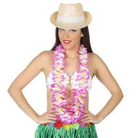 Hawaii thema party verkleedset - Strand strohoedje - bloemenkrans paars/wit - Tropical toppers - thumbnail